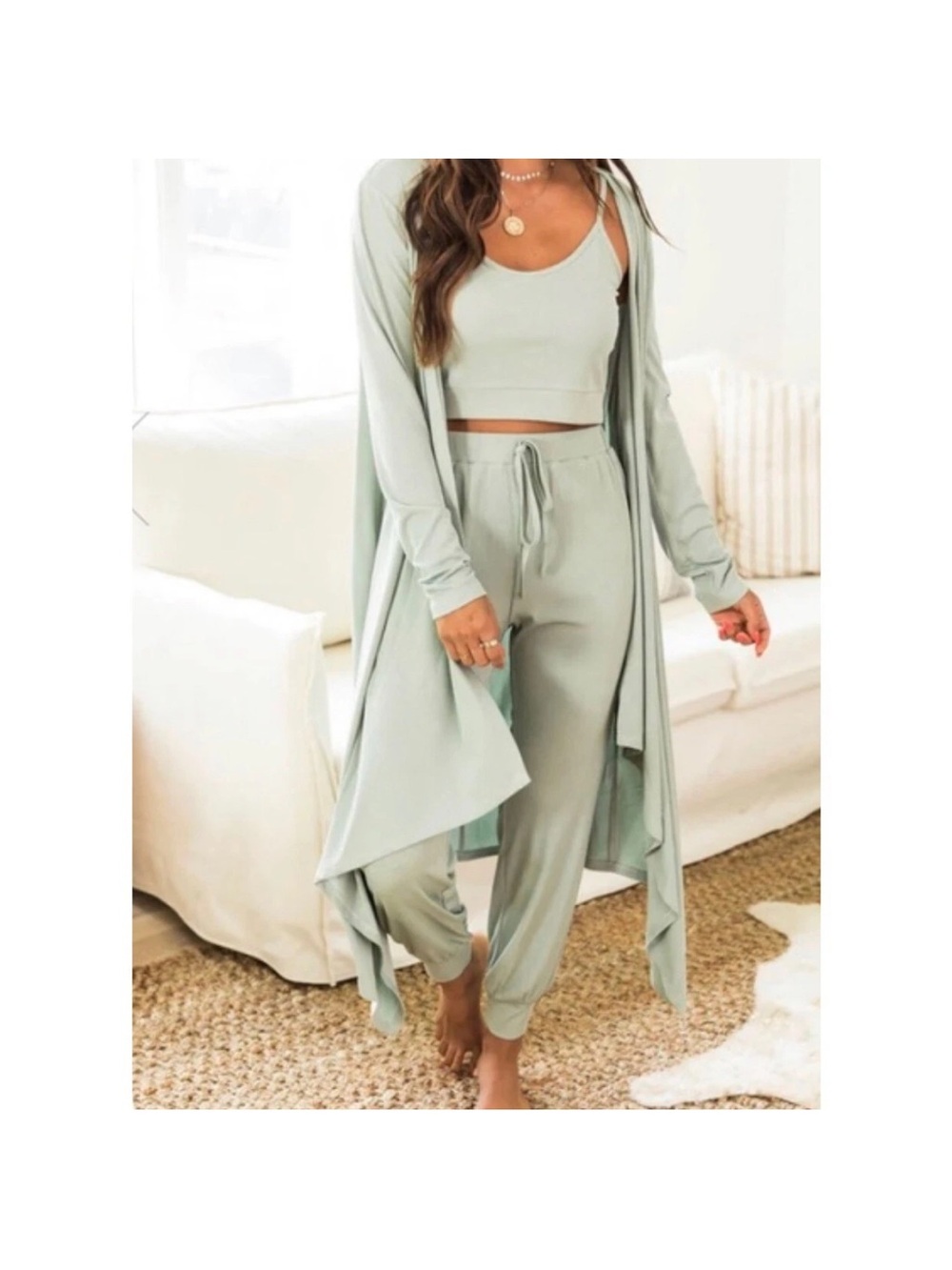 Pink Lily Sage Green 3-Piece Cozy Lounge Set - Tank, Joggers & Duster